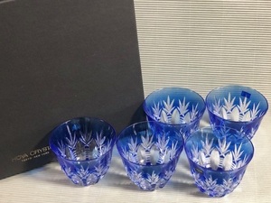 ◎HOYA 保谷 青色被クリスタル 切子グラス 5客セット◎箱付z51