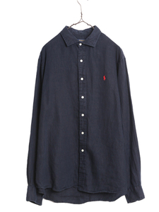 ポロ ラルフローレン 100% リネン 長袖 シャツ メンズ XL 古着 高級 ワンポイント 薄手 大きいサイズ ネイビー ゆったり 麻 シンプル 濃紺