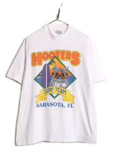 80s USA製 HOOTERS サーフ イラスト プリント Tシャツ メンズ L 80年代 ヴィンテージ 企業物 当時物 キャラクター 白 フーターズ ホワイト