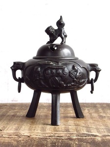 A726　時代物　銅製　三足香炉　獅子摘　双耳　香炉　香道具　茶道具 