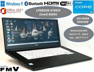 *1 иен старт * прекрасный товар 15 type Fujitsu LIFEBOOK A749/A[Corei5 8 поколение +SSD256GB+ память 8GB]Win11 Pro+Office2021*DVD Web камера VGA WiFi