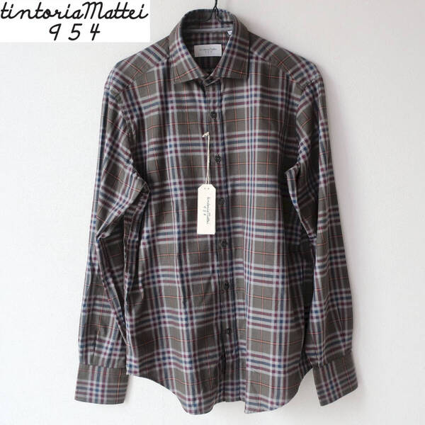 新品 未使用 Tintoria Mattei 954 欧州 トレンド メンズ チェック シャツ ボタンシャツ ワイドカラー 長袖 グレー 39 Mサイズ Lサイズ