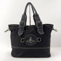 1円〜★Vivienne Westwood ヴィヴィアンウエストウッド 金具ロゴ オーブ キャンバス トートバッグ 肩掛け ハンドバッグ A4可 レザー 黒_画像2