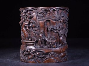 【安】清時代 珍木彫 人物紋筆筒 非常に良い香り 極細工 古置物 中国古美術 古美味 時代物 古董品 417