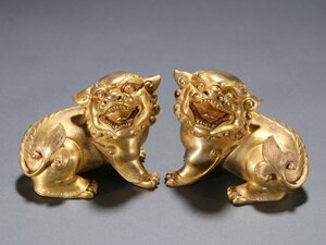 【安】清時代 銅鍍金 瑞獣置物一対 極細工 古置物 古擺件 中国古美術 古美味 時代物 古董品 420