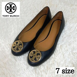 [ ultimate beautiful goods ]TORY BURCH Tory Burch pumps flat shoes leather Gold Logo metal Logo gold Logo metal fittings black black 24.0cm 7