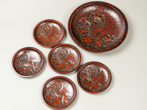 fpta 鎌倉彫 皿揃い 6客 28cm 15cm 茶道具 木製 丸皿　