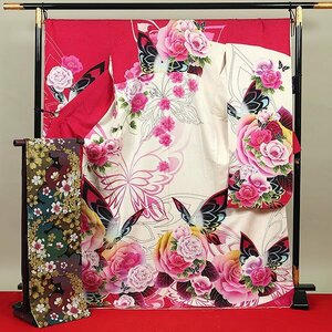 [ peace . pavilion ]EFH125 brand new! silk . long-sleeved kimono * double-woven obi set ( coming-of-age ceremony * wedding * graduation ceremony * the first . etc. )sho King pink color ( secondhand goods )