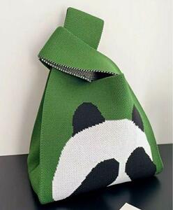 ラスト1点！パンダ柄　トートバッグ　ミニトートバッグ　ニット素材　韓国 エコバッグ　緑
