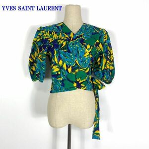 イブサンローラン コットン総柄レイヤードデザイントップスグリーンYVES SAINT LAURENT カジュアル 袖ギャザーゴム入り M C9863