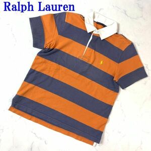 ラルフローレン ボーダー半袖ラガーシャツオレンジグレーRalph Lauren カジュアル ブランドロゴ刺繍有 コットン100％ L C9993