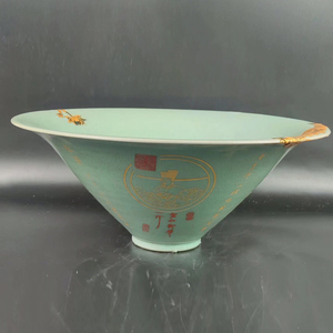  5:3049LT 人間国宝 中国骨董 磁器【宋汝窯刻字蒔絵包金碗です】工芸品 施釉陶 青花磁 陶芸 置物 收藏品