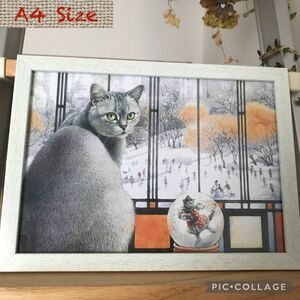 cat アンティーク 雑貨 猫 ネコ アート 絵画 複写額付き　A4