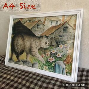 cat アンティーク 雑貨 猫 ネコ アート 絵画 複写額付き　A4