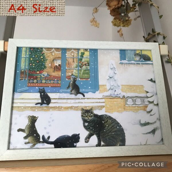 cat アンティーク 雑貨 猫 ネコ アート 絵画 複写額付き　A4