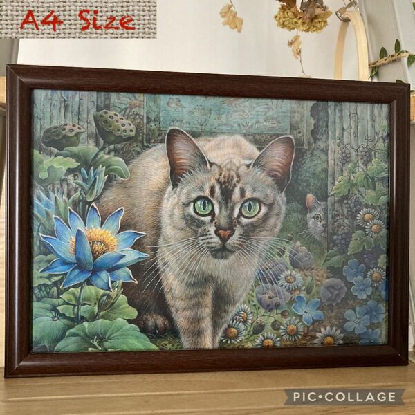 cat アンティーク 雑貨 猫 ネコ アート 絵画 複写額付き　A4