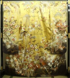 * long-sleeved kimono gold paint ... wistaria . flower writing sama largish approximately 165cm gold color scorching tea beautiful goods silk *m181