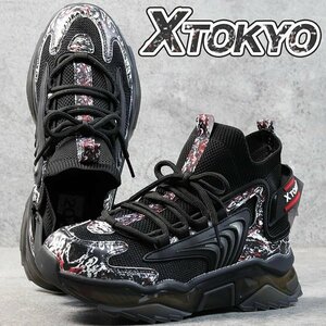 X TOKYO 厚底 スニーカー メンズ ニットスニーカー ソックススニーカー スリッポン ハイカット 靴 3651 ブラック 28.0cm / 新品
