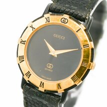 1円 稼働 GUCCI グッチ 3200L QZ クオーツ 黒文字盤 ゴールド GP レディース 腕時計 ラウンド ブランド レザー ウォッチ 353820240514_画像1