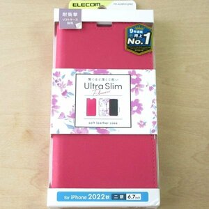 未使用品 ケース iPhone14 Plus ソフトレザー 手帳型 薄くて軽い ピンク×花柄 PM-A22BPLFUJPND