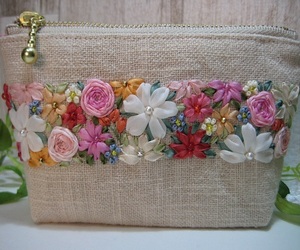 * hand made * silk ribbon hand embroidery Mini pouch * accessory * case * cosme * pill case *