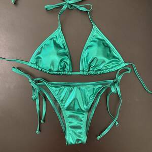  halter-neck bikini top and bottom set lady's swimsuit enamel green 