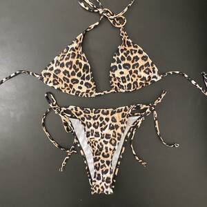  halter-neck bikini top and bottom set lady's swimsuit leopard print side ribbon 