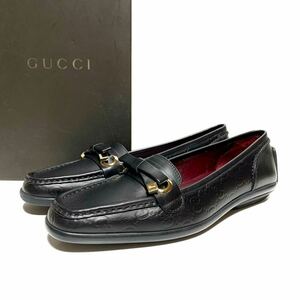 ☆未使用 GUCCI グッチ GGシグネチャー レザー ドライビングシューズ パンプス 黒 イタリア製 ローファー フラットシューズ 革靴 モカシン