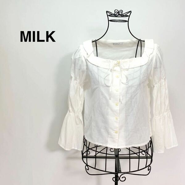 ☆良品 ミルク MILK ベルスリーブ スクエアネック フリル ブラウス シャツ 白 日本製 ゆるふわ カットソー ロリータ