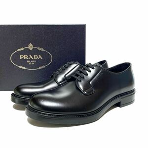 ☆未使用 プラダ PRADA ロゴ 外羽根 レザー ダービーシューズ 黒 イングランド製 ドレスシューズ ビジネスシューズ 革靴