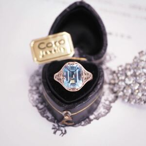 ＊K14アクアブルートパーズリング＊英国ヴィンテージ アンティーク アールデコ 指輪 金 レトロ ring vintage antique gold aquamarine 18 