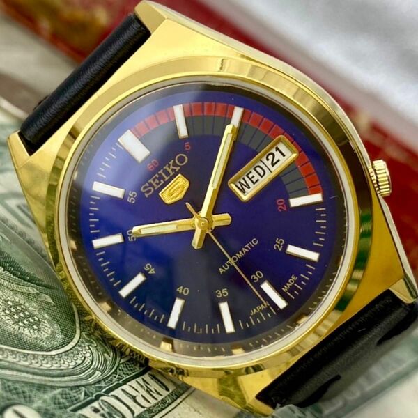 【かっこいい】★送料無料★ セイコー5 SEIKO5 メンズ腕時計 ブルー ゴールド 自動巻き ヴィンテージ アンティーク