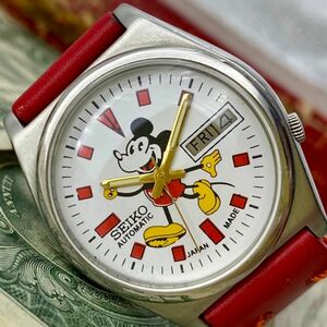 【レトロなミッキー】★送料無料★ セイコー SEIKO メンズ腕時計 ホワイト 自動巻き ヴィンテージ アンティーク