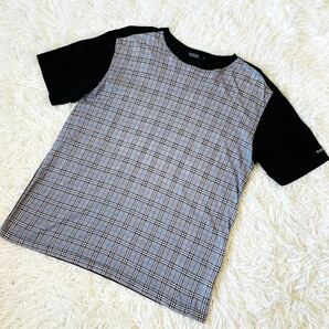 美品/希少Lサイズ●BURBERRY BLACK LABEL バーバリーブラックレーベル 半袖Tシャツ Tシャツ ブラック 黒 チェック柄 ボーダー ロゴワッペンの画像1