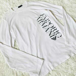 美品/XLサイズ●EMPORIO ARMANI エンポリオアルマーニ 長袖 Tシャツ ロンT ビッグロゴ トップス ホワイト 白 ストレッチ 伸縮性 お洒落