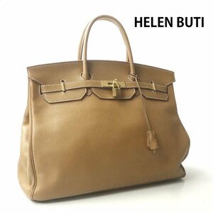 ★美品 イタリア製 HELEN BUTI ITALY ヘレン・ブティ 上質 牛革 シュリンクレザー バーキン ハンドバッグ キャメル レディース ケリー