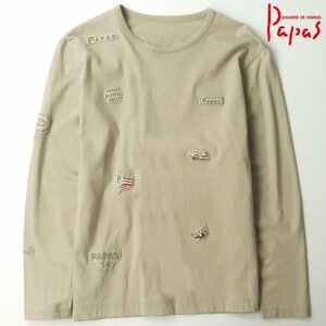 美品 日本製 Papas パパス ワッペン デコレーション ロングスリーブ Tシャツ ベージュ M【参考価格￥23,100-】アイビー アメトラ