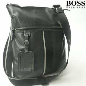 美品 黒タグ HUGO BOSS ヒューゴボス 牛革 オールレザー クロスボディ ショルダーバッグ 黒 グレー メンズ【参考価格￥71,610-】