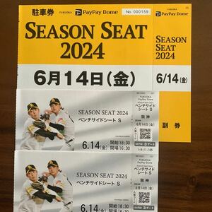 ソフトバンクホークス 阪神　PayPayドーム 6月14日チケット ２枚セット 駐車券付き