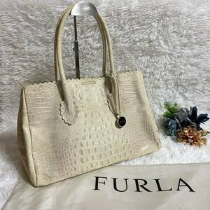 【保存袋・ポーチ付き】　FURLA　フルラ クロコ型押し トートバッグ A4　(240424-ss-13)