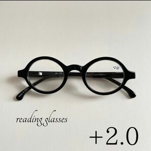 老眼鏡 ＋2.0 リーディンググラス レトロ 丸眼鏡 ラウンド 丸 セルフレーム バネ蝶番 黒