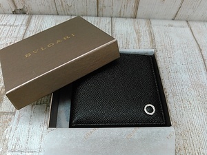 R378 美品 BVLGARI ブルガリ 小銭入れ付き 二つ折り財布 ウォレット サークルロゴ 金具 オールレザー ブラック/ブルー