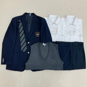 U687/S11147( used ) Gifu prefecture Kakamigahara west high school man . uniform 7 point / largish /180A/4L/W97/ blaser / the best / shirt / summer winter trousers / necktie / green check / school uniform /