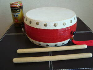  toy futoshi hand drum white leather 55 number ( diameter approximately 16.0cm) chopsticks 2 ps attaching flat futoshi hand drum Japanese drum ....... natural material deep-red . Japanese drum used * home storage goods [ free shipping ]