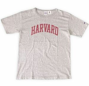 米国製 MADE IN USA チャンピオン Tシャツ T1011 HARVARD カレッジプリント 染み込み赤 グレー 綿90%レーヨン10％ L [b5-0045]