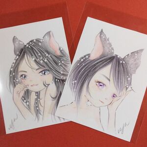 手書きイラスト 猫少女２枚組