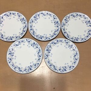 Noritake ノリタケ 日本の食器　1363 花柄 プレート 洋食器 ブルー　青　24.5cm 皿　５枚セット　中古　昭和レトロ
