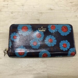 kate spade ケイトスペード 長財布 ラウンドファスナー 花柄 PVC ネイビー系[C1135]