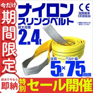 【数量限定セール】スリングベルト 5m 耐荷重2.4t 幅75mm 玉掛け 吊りベルト ナイロンスリング ロープ 運搬用 吊具 ラッシング クレーン