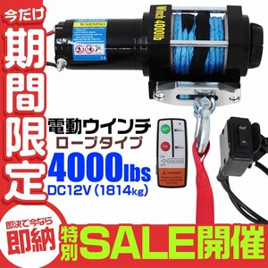 【数量限定セール】電動ウインチ 12v 4000LBS 1814kg ロープ 無線リモコン 電動 ロープタイプ ホイスト 小型 有線コントローラー 未使用